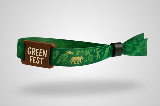 Ett foto av RFID-tygarmband med läder från JM Band®. Köp Tygarmband här.