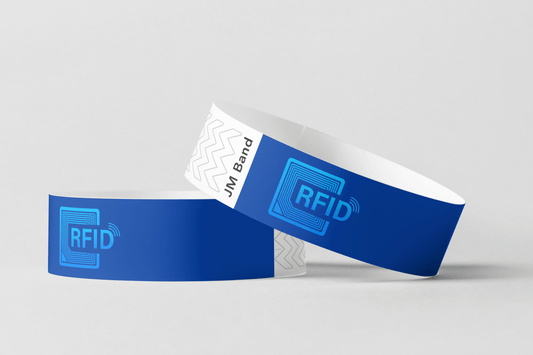 Två blå RFID-pappersarmband- Färgtryck och Fudan FM 1108 armband med ordet rid på.