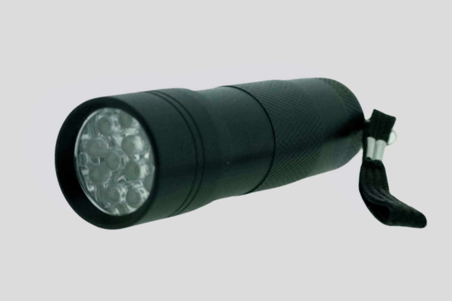 En svart UV ficklampa LED spektrum ficklampa på vit bakgrund.
