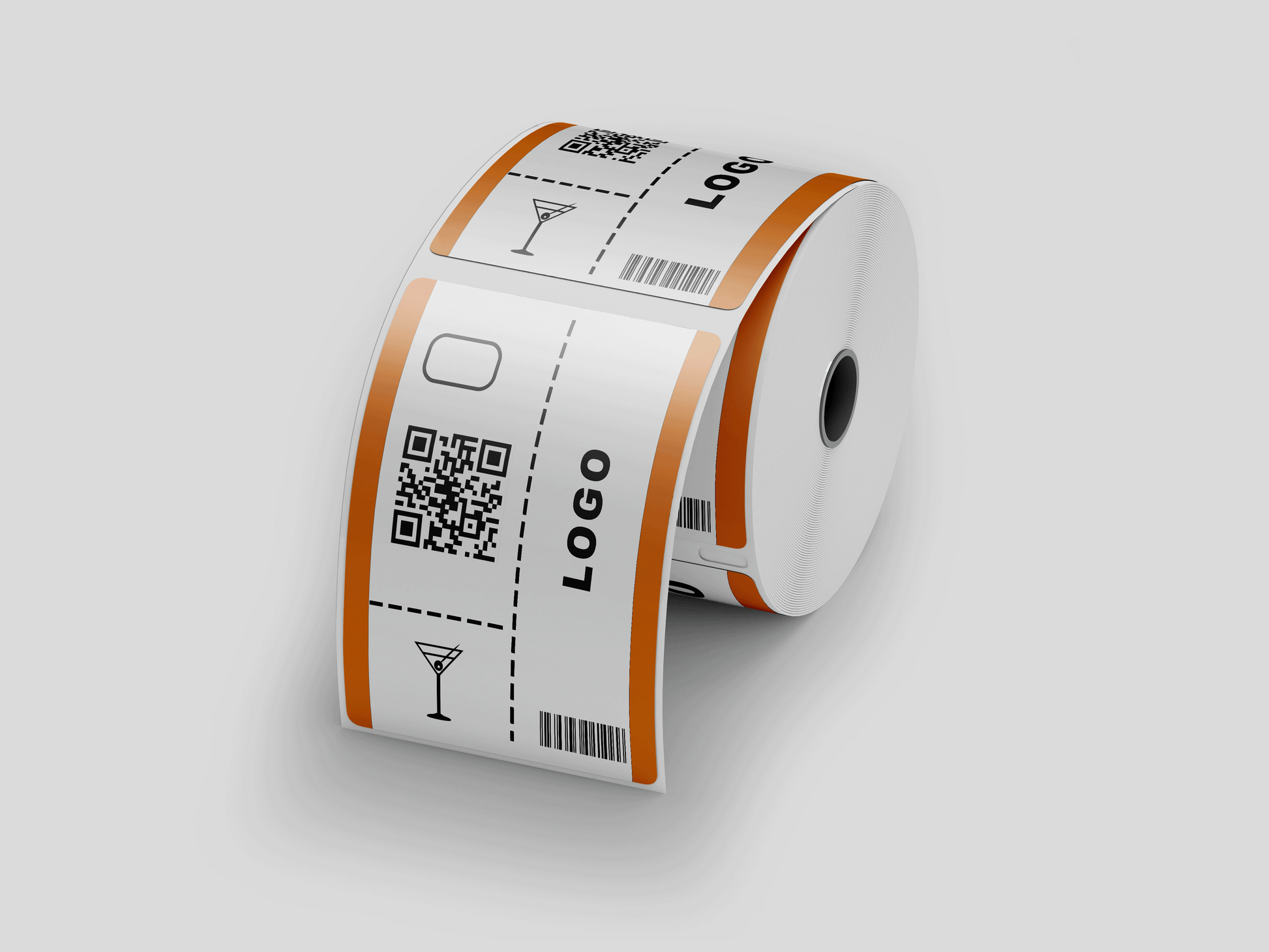En rulle Garderobsbiljetter tryck Via eMail biljettpapper med termiskt tryck på vit bakgrund.