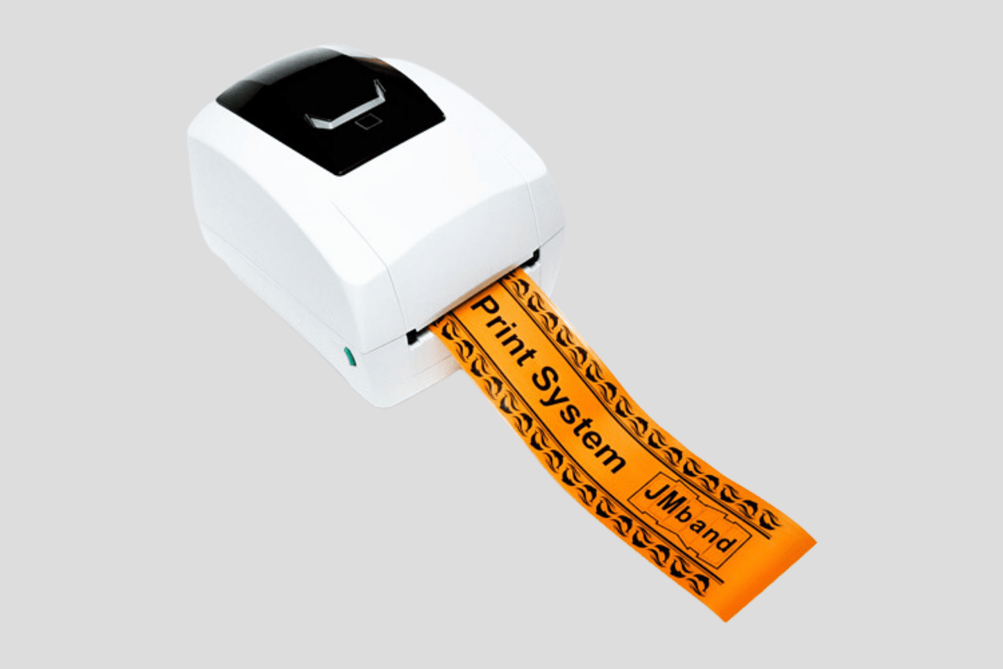 Ett Utskriftssystem JMB4+ med blå tejp fäst på textilarmband.