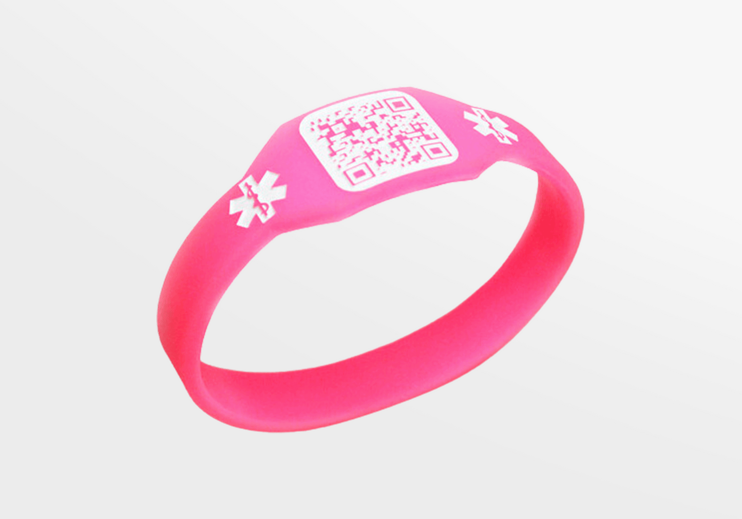 Ett rosa silikonarmband med QR-kod.