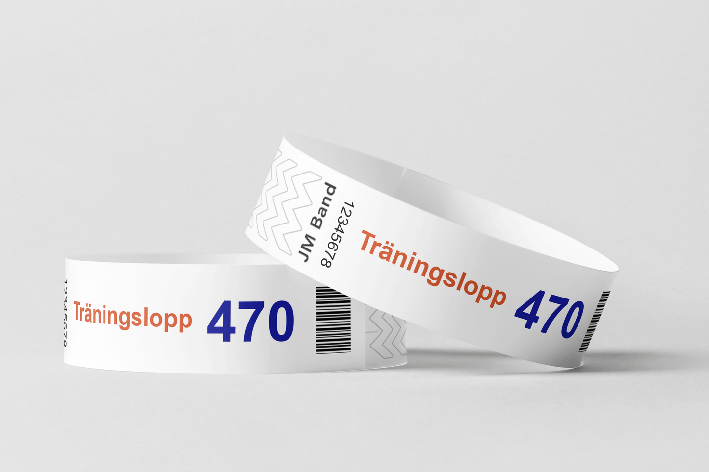 Ett par Nummerlappar armband Via eMail med ordet "träning" för fullfärgstryck och pacer armband produktion.