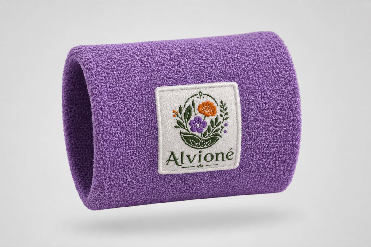 Lila svettarmband med broderad blomsterlogotyp och text – svettarmband med egen logotyp från JM Band®
