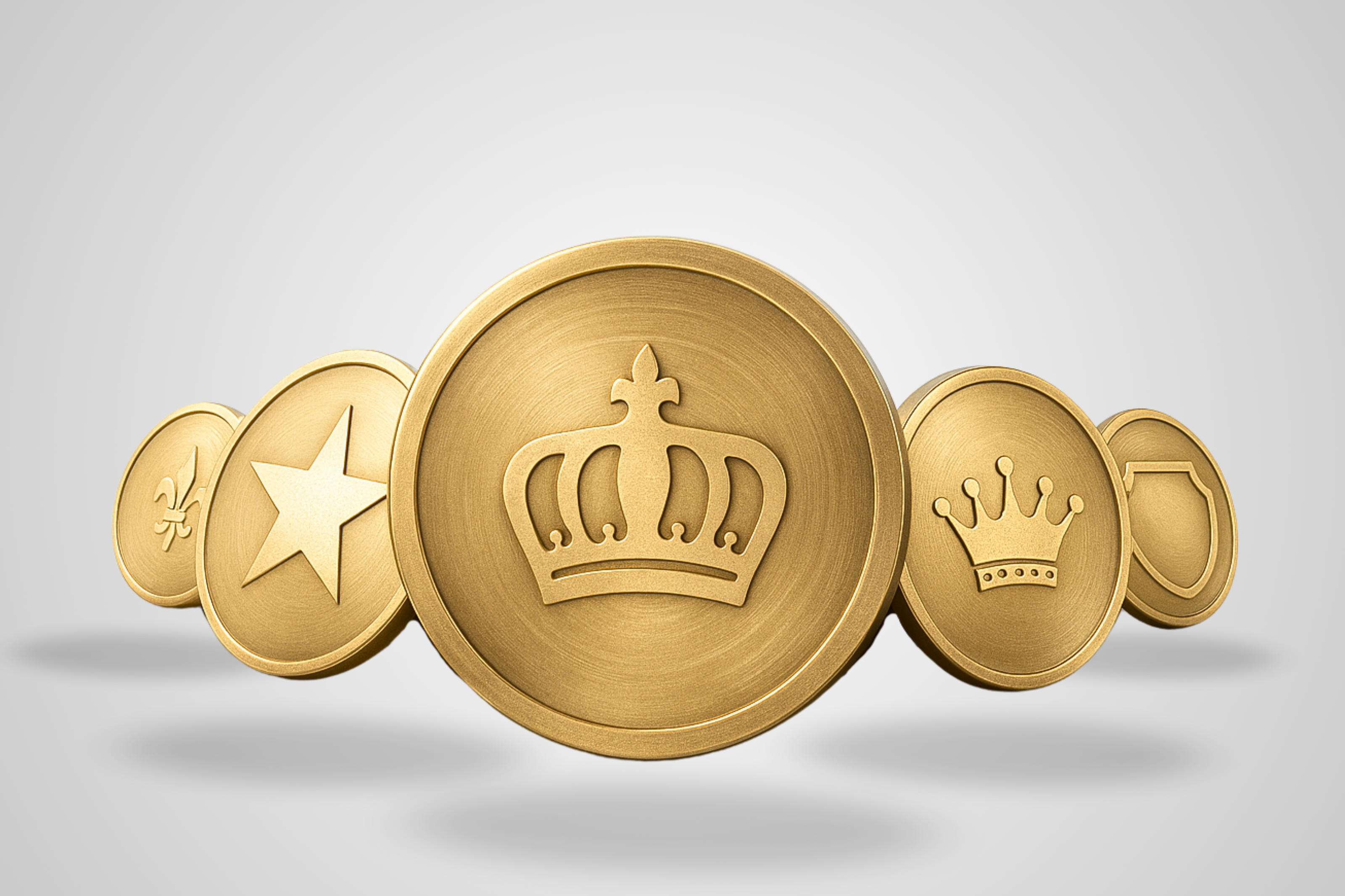 En bild av personliga präglade mässingsmynt med en logotyp i storleken av en 10-krona.