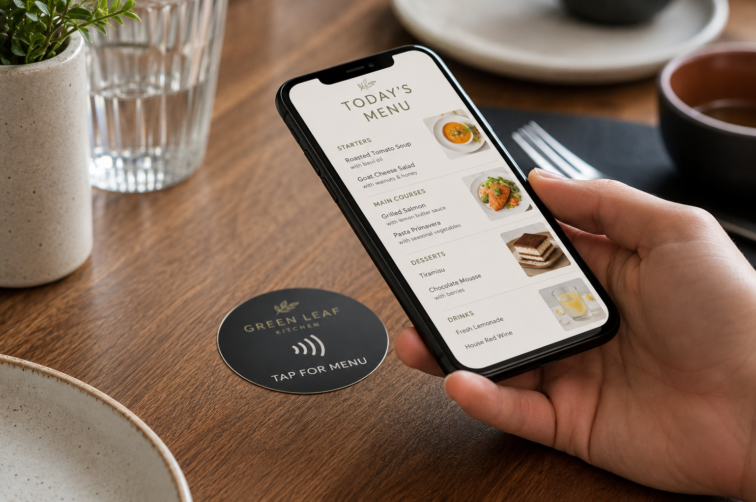 Digitala menyer med NFC-klistermärken på hektiska lunchkaféer