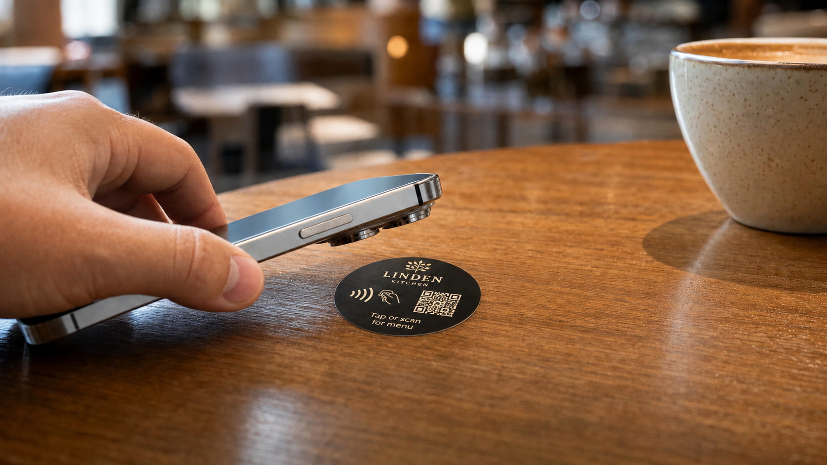 Digitala menyer med NFC-klistermärken på hektiska lunchkaféer