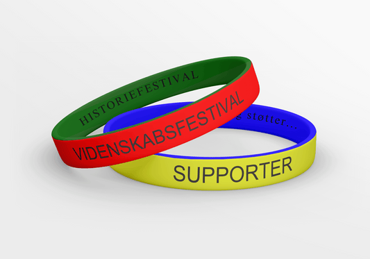 Ett par Silikon armband- tryckt inifrån och ut med orden 'videnskabe festival supporter'.