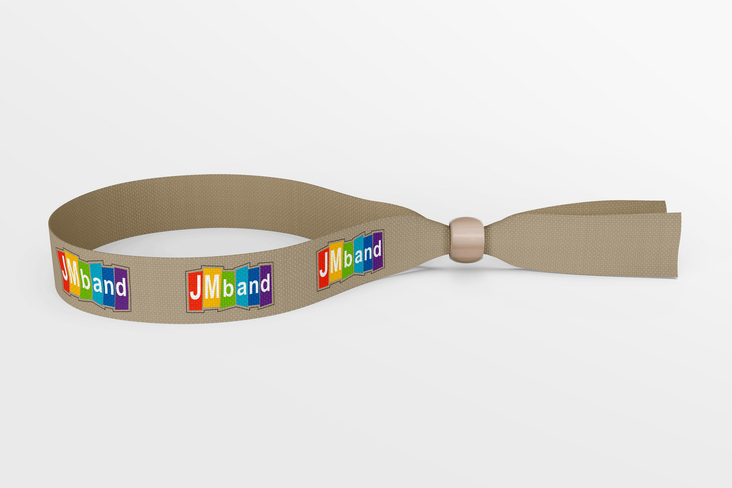 Ett beige hampatygarmband med 1-färg tryck med ett regnbågsband på.