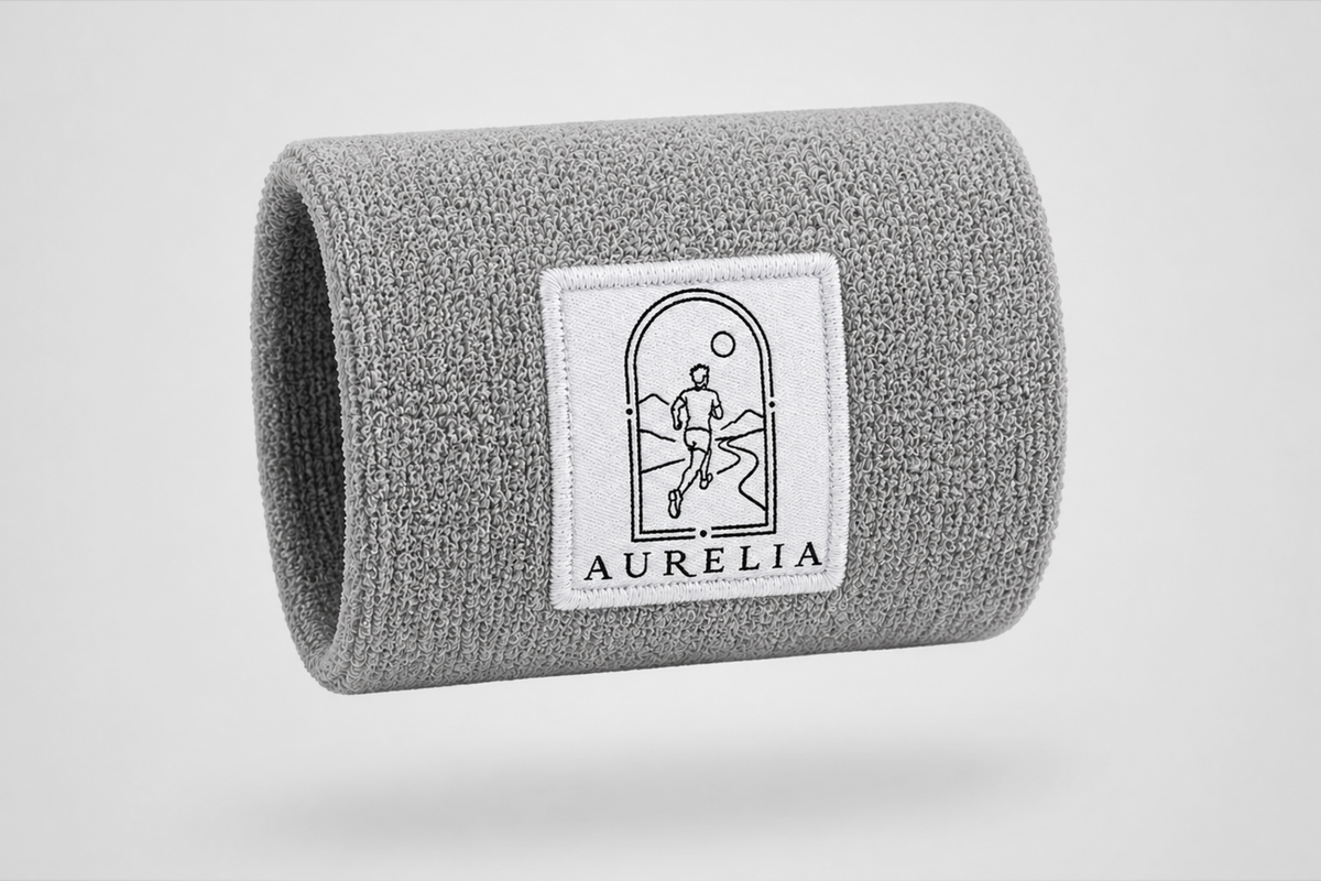 Grått svettarmband med broderad löparlogotyp och text – anpassat svettarmband från JM Band®