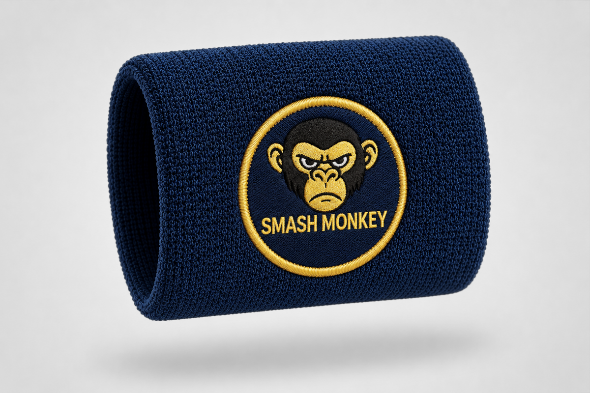 Blått svettarmband med broderad logotyp och text – svettarmband med egen design från JM Band®