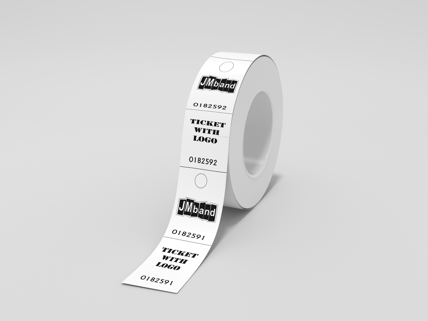 En rulle Hållbara 2-delade garderobsbiljetter med text och logotyp på vit bakgrund.