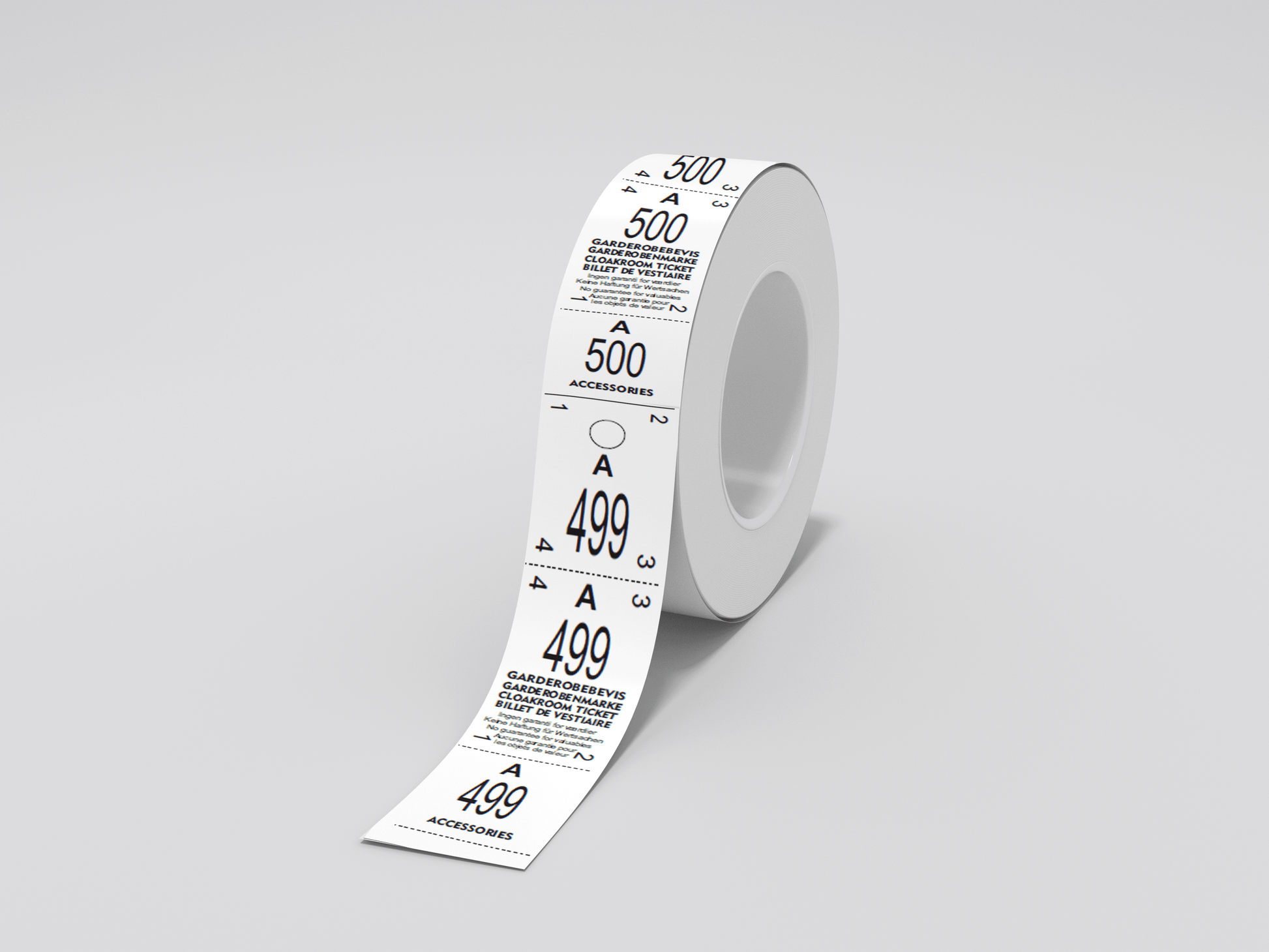 En Garderobsbiljetter ruller 500 tre delat med ett nummer på.