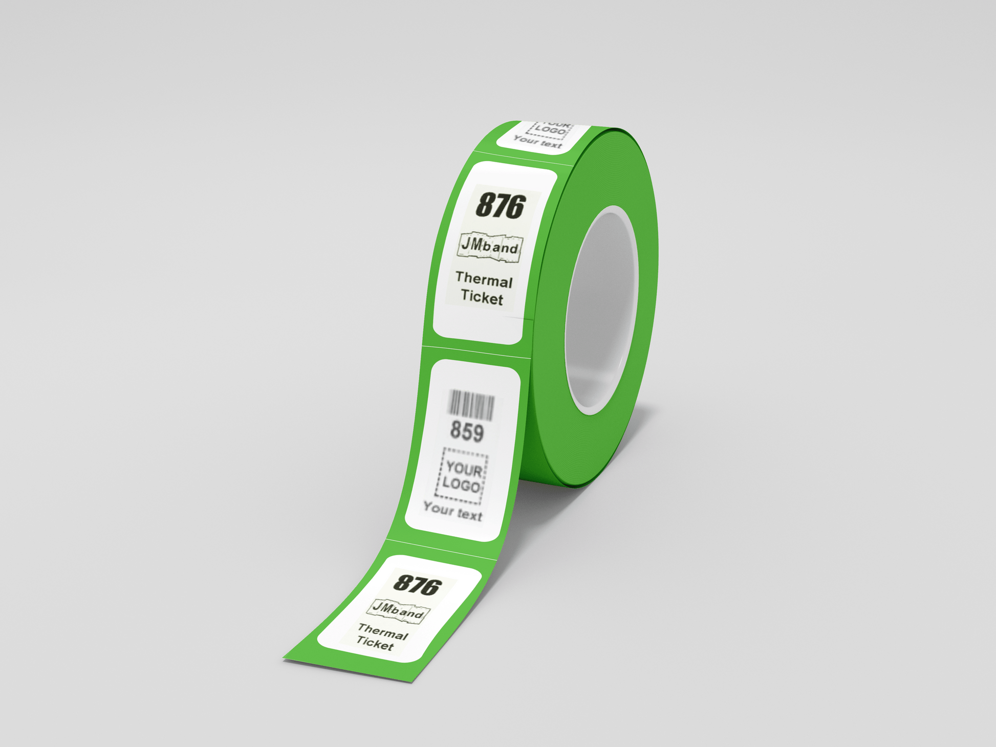 A Roll biljetter Z press Via eMail av grön biologiskt nedbrytbara tejp på vit bakgrund.